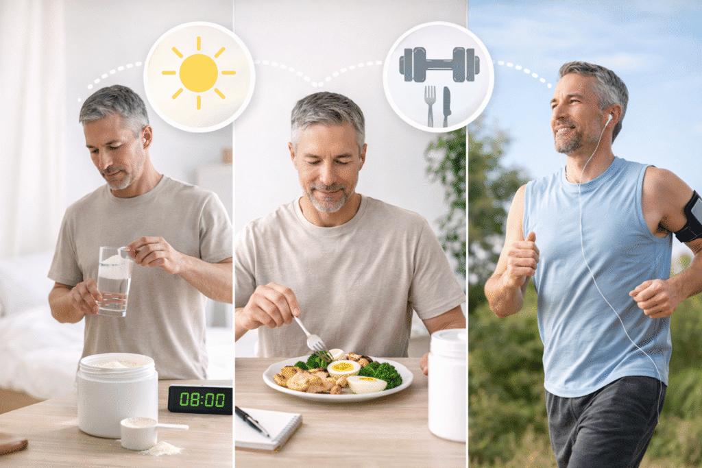 Daily routine illustration showing amino acid supplementation alongside meals and physical activity
