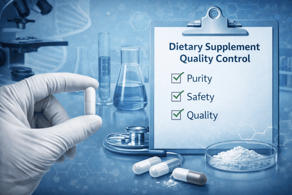 Laboratory setting showing dietary supplement quality control and ingredient testing
