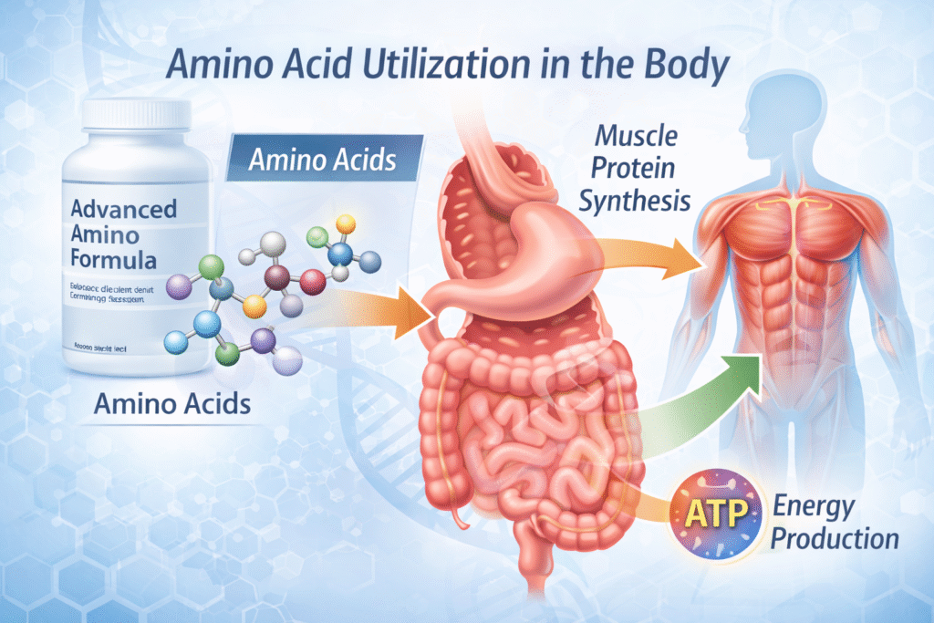 Diagram showing amino acid absorption in the digestive system and utilization for muscle protein synthesis and energy production