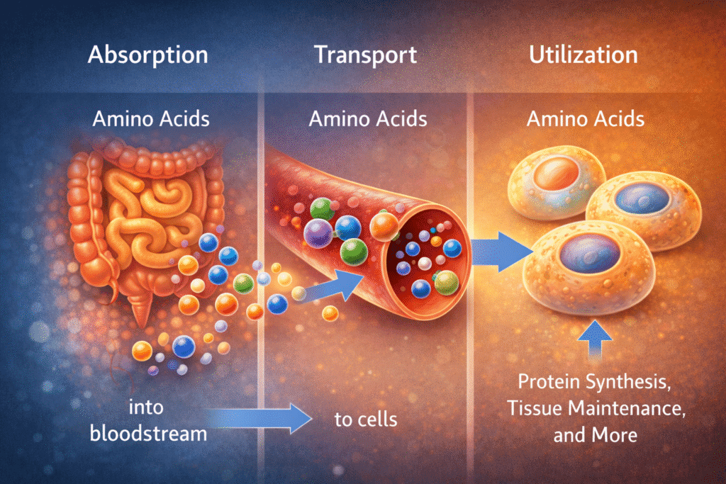 Diagram illustrating amino acid absorption in the intestines, transport through the bloodstream, and utilization by body cells
