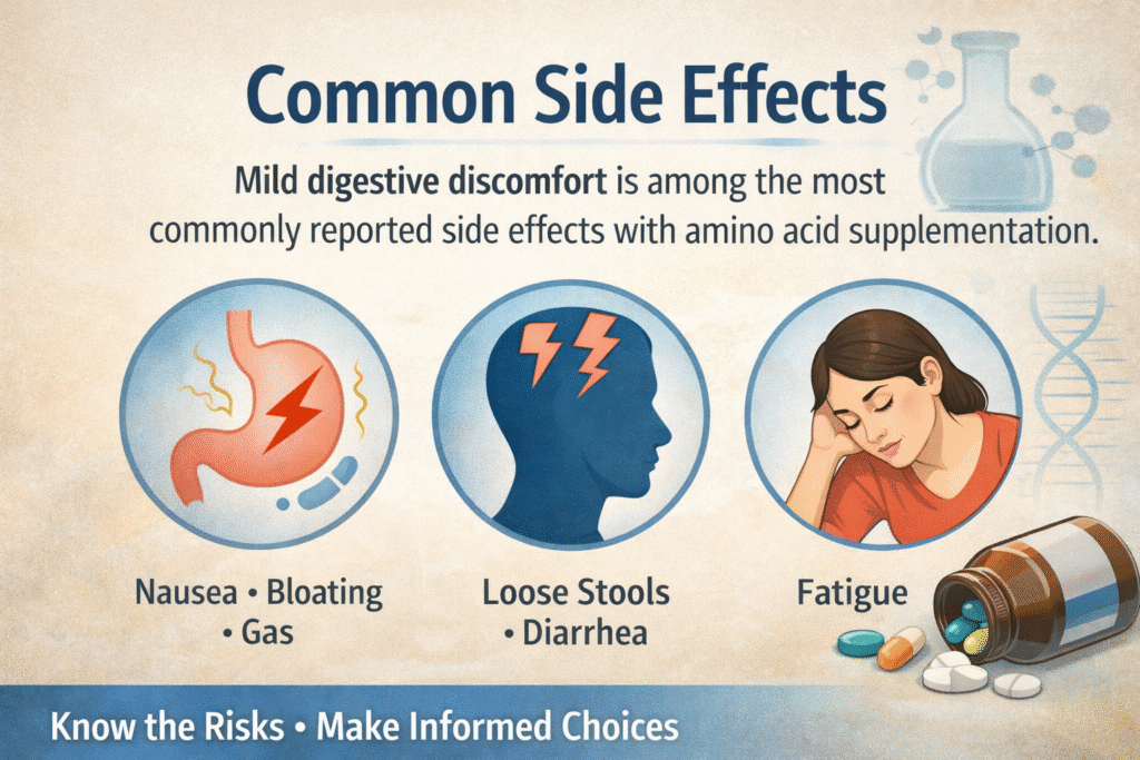 Common side effects associated with amino acid supplements such as digestive discomfort
