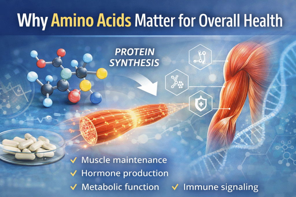 Educational diagram illustrating how amino acids support protein synthesis, muscle maintenance, and normal metabolic processes