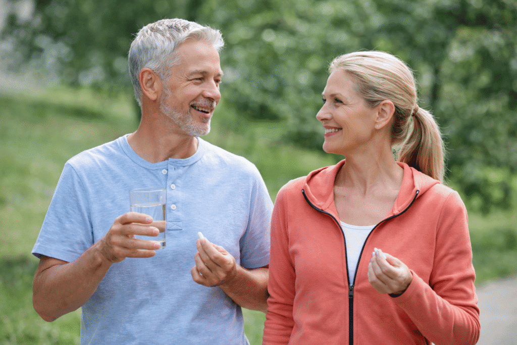 Adult taking a dietary supplement with water as part of a daily routine