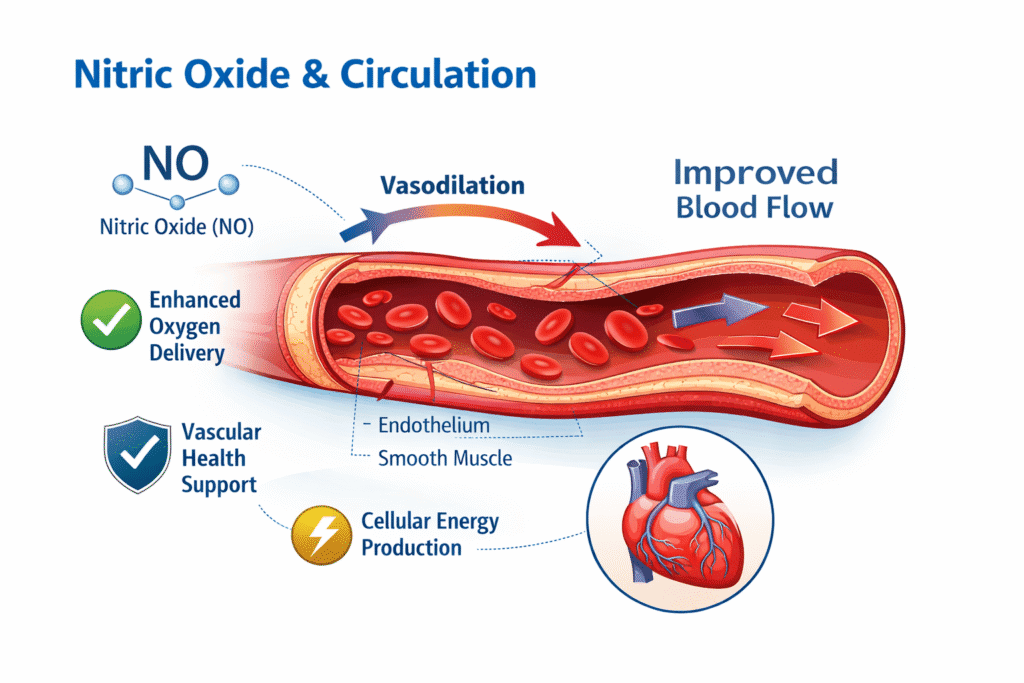 Diagram illustrating nitric oxide pathways and blood vessel function