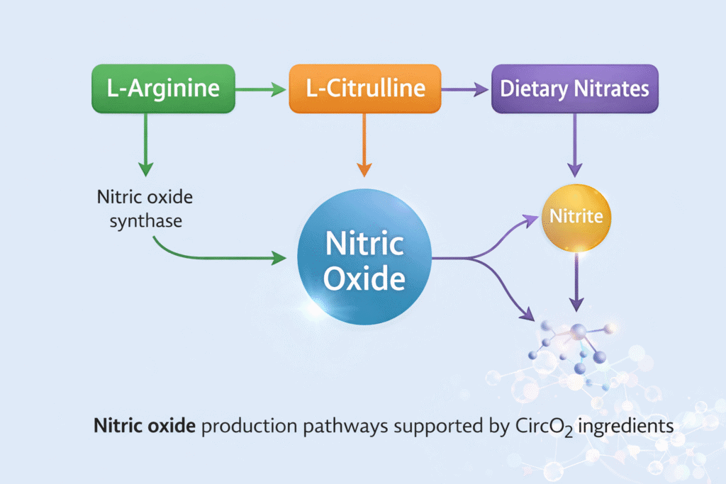 Diagram showing nitric oxide production from L-arginine, L-citrulline, and dietary nitrates