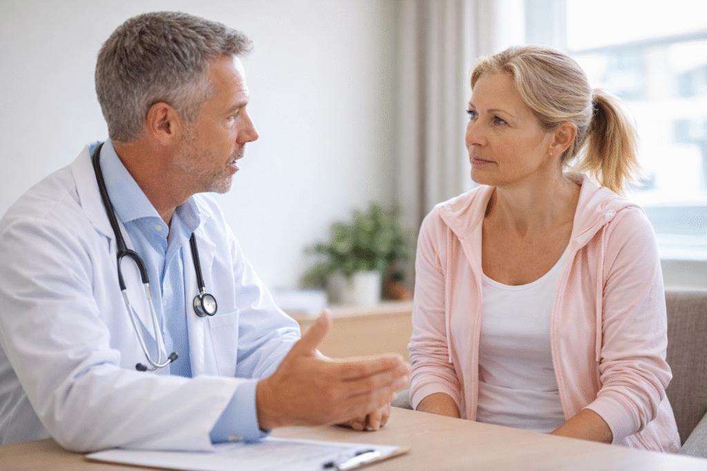 Healthcare professional discussing supplement use and safety considerations with an adult patient