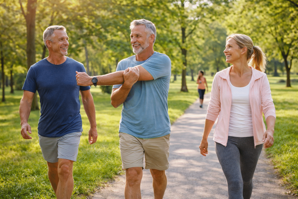 Active adults walking and stretching outdoors as part of a healthy lifestyle and circulation support