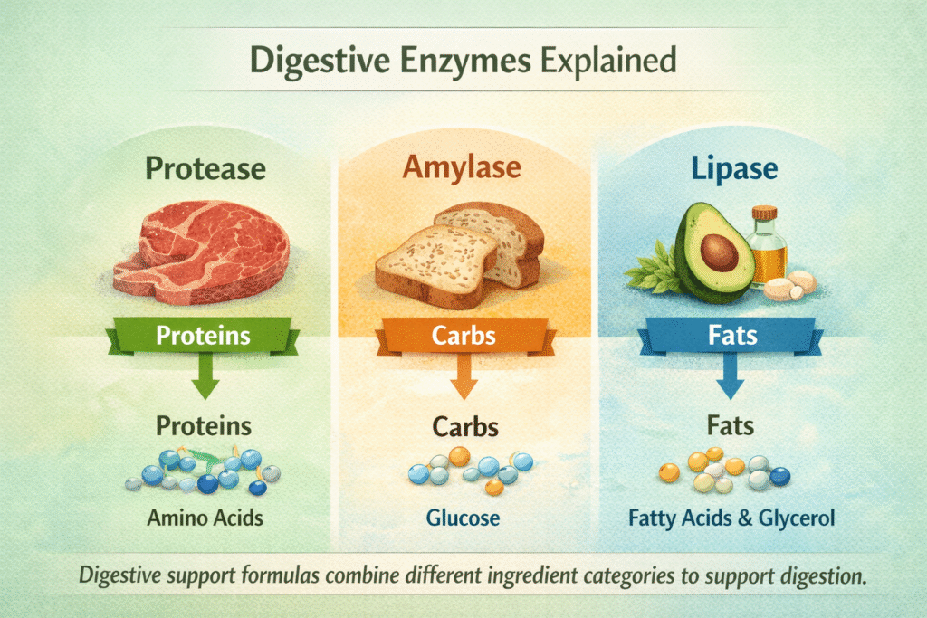 Digestive enzymes protease amylase and lipase supporting food breakdown