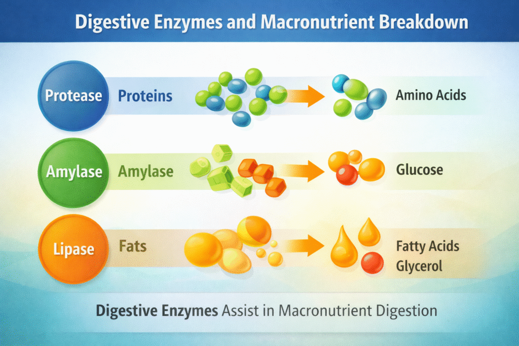 Digestive enzymes protease amylase and lipase breaking down macronutrients