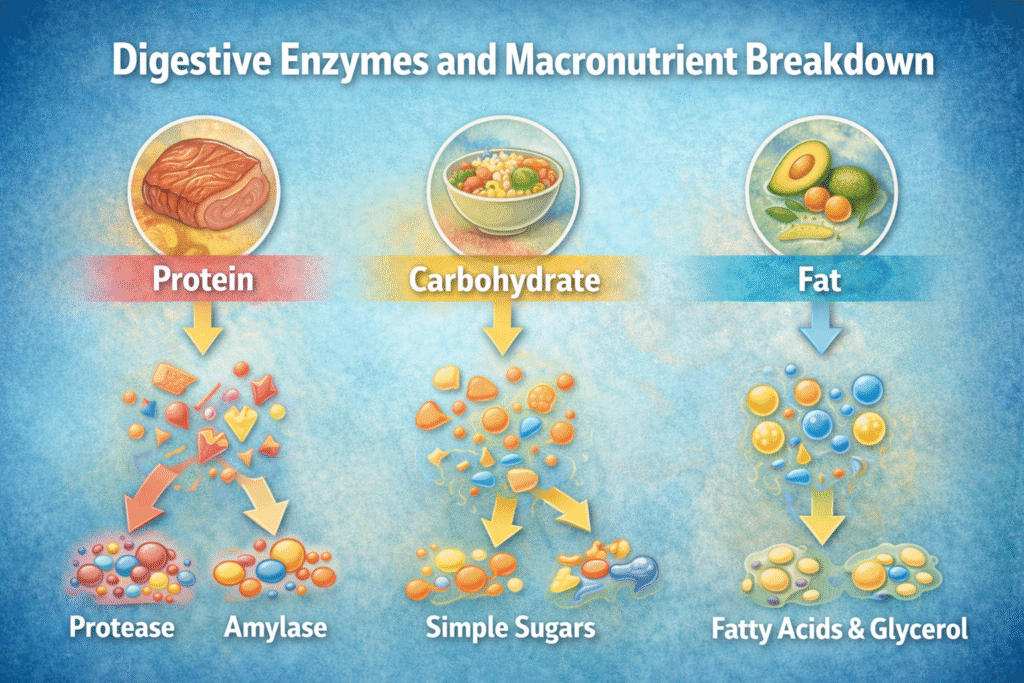 Digestive enzymes protease amylase and lipase breaking down proteins carbohydrates and fats