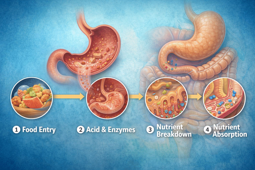 Step-by-step digestive process showing food breakdown and nutrient absorption