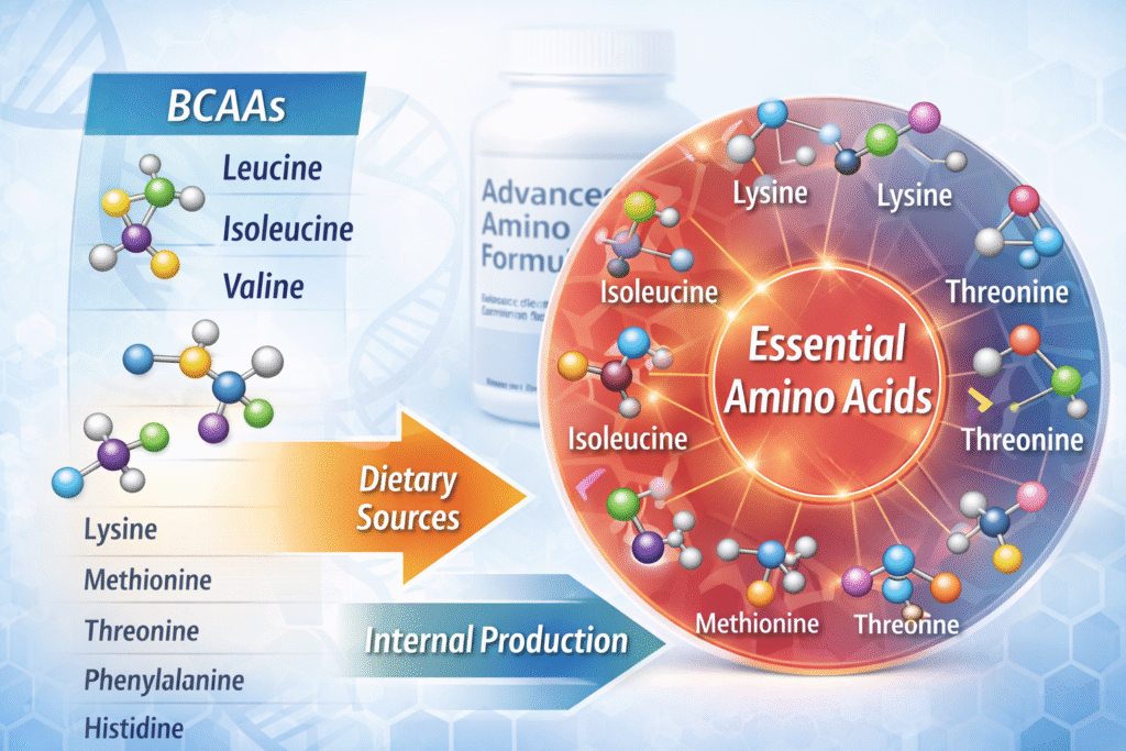 Infographic showing essential amino acids and branched-chain amino acids commonly used in amino acid supplements