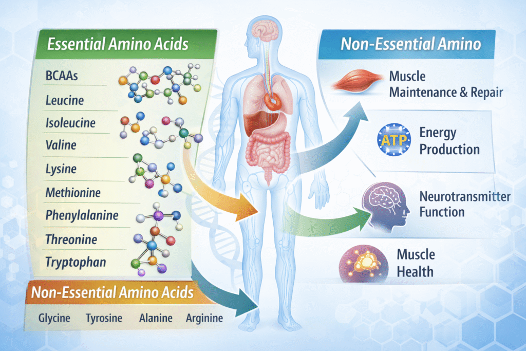 Diagram comparing essential and non-essential amino acids and their roles in muscle, energy, and metabolic functions
