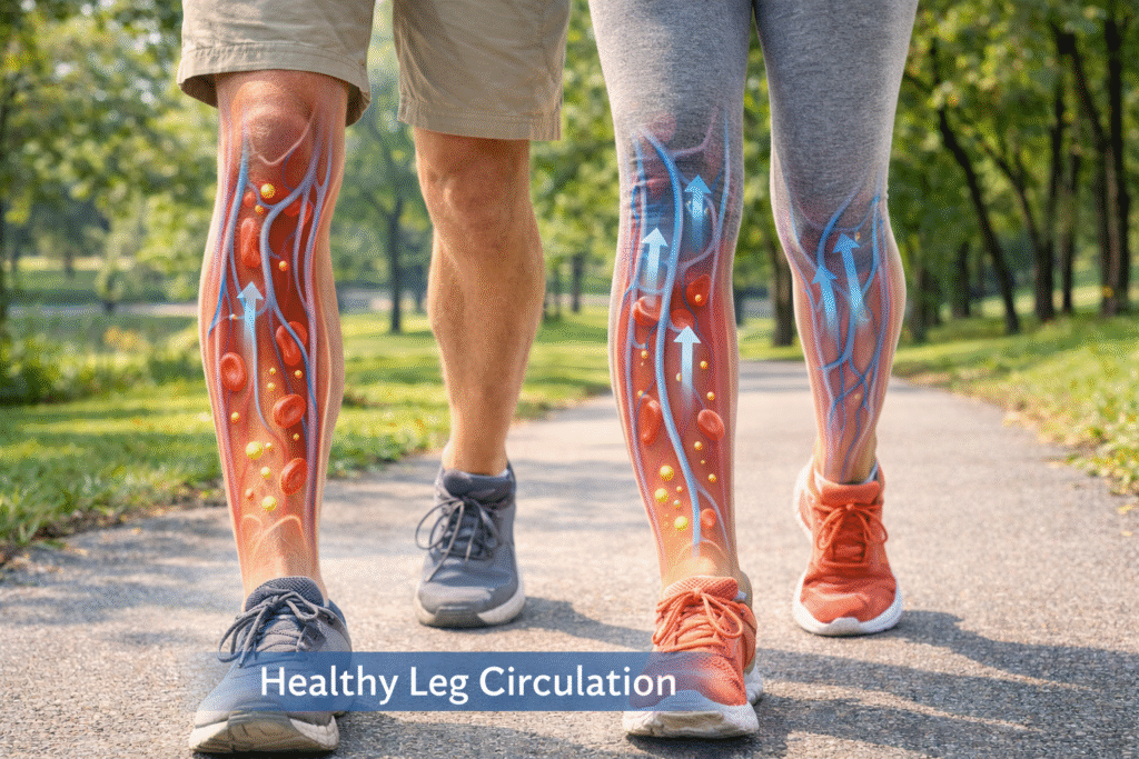 Illustration showing healthy blood circulation in the legs supporting comfort during walking
