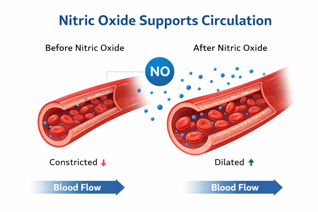 Diagram showing how nitric oxide supports blood vessel relaxation and blood flow