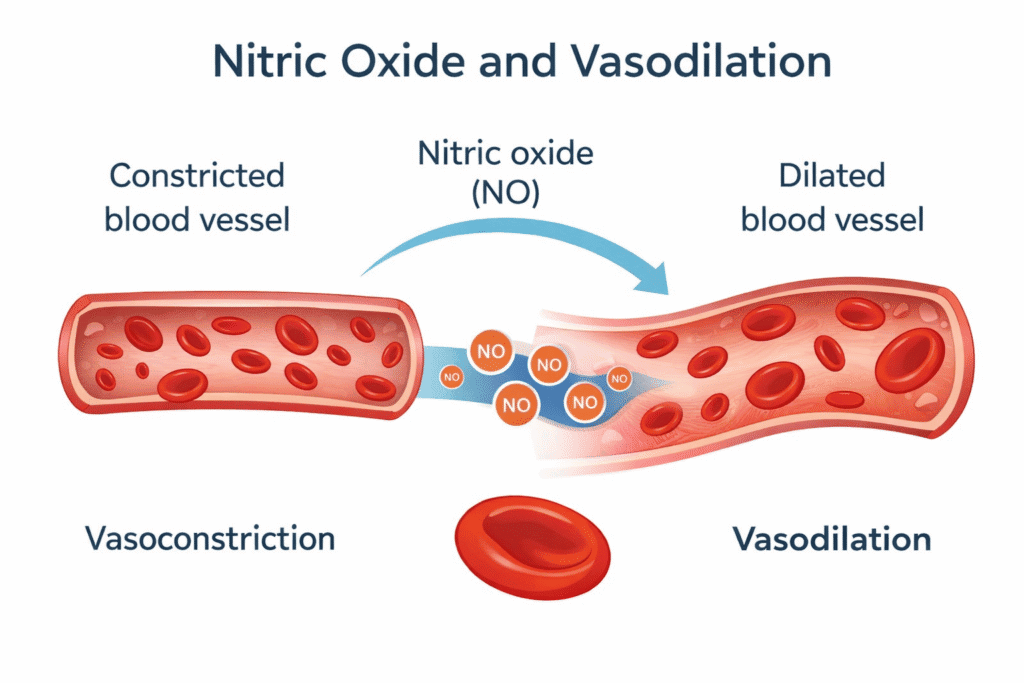 Diagram showing how nitric oxide supports blood vessel relaxation and circulation