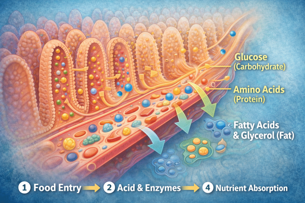 Nutrient absorption through the small intestine villi and microvilli