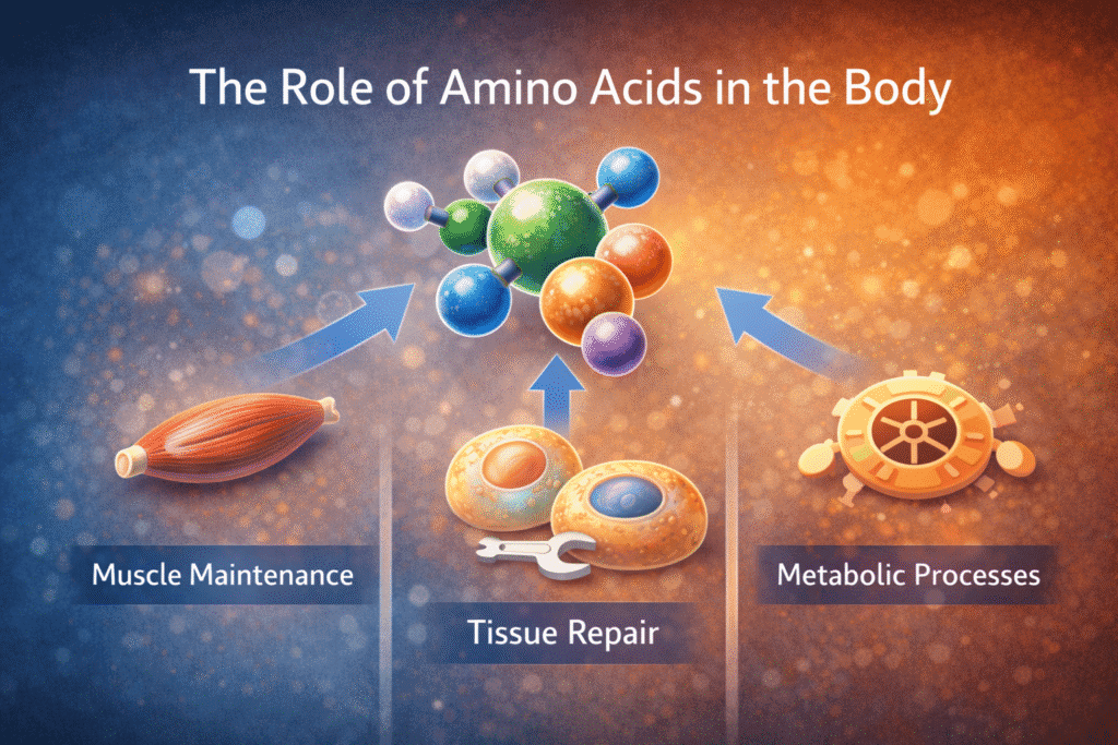 Illustration showing the role of amino acids in muscle maintenance, tissue repair, and metabolic processes