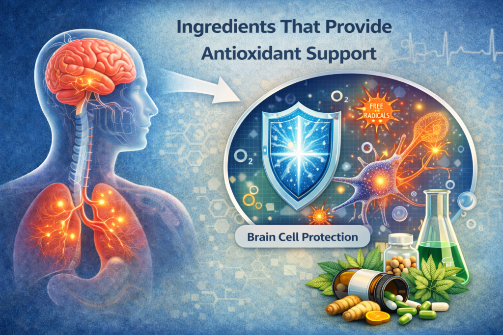 Illustration representing antioxidant activity protecting neurons from oxidative stress.