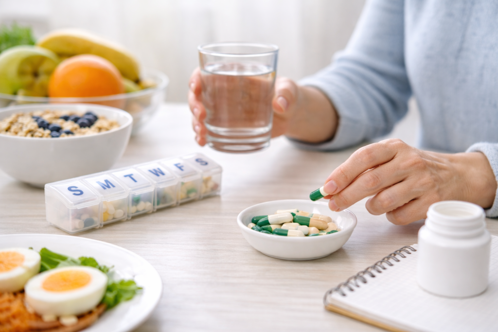 Person taking daily cognitive support supplement with water as part of a consistent morning routine