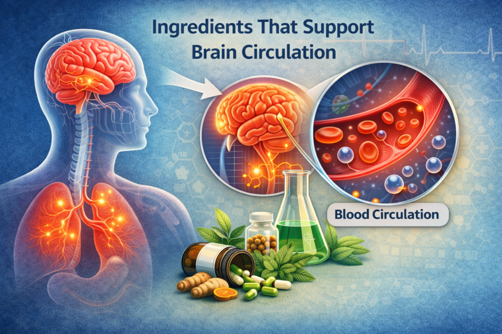 Illustration showing nutrients that support healthy brain circulation and oxygen delivery to cognitive tissues.