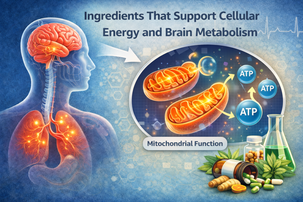 Educational diagram illustrating mitochondrial function and ATP production supporting brain energy metabolism.