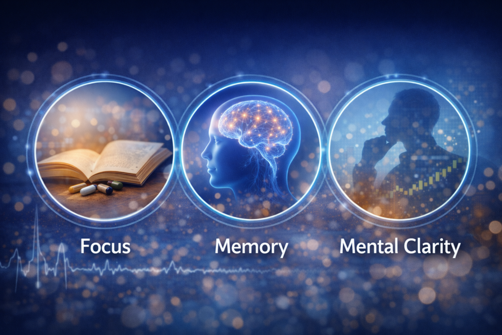 Illustration showing focus, memory, and mental clarity as interconnected aspects of cognitive function supported by Advanced Memory.