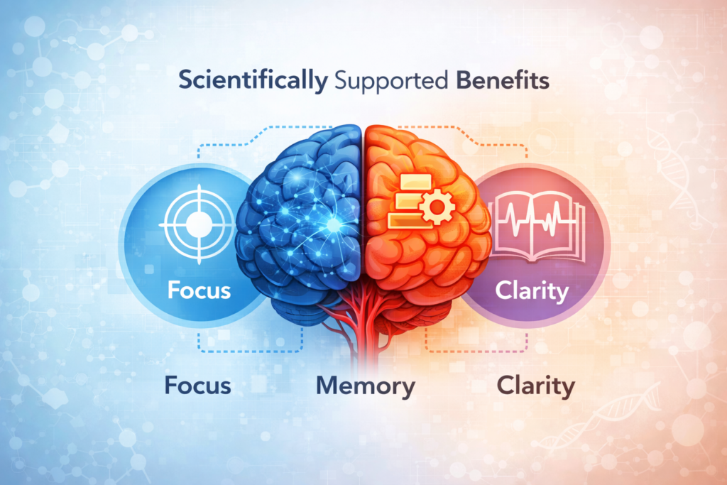 Educational infographic illustrating cognitive support benefits such as memory support, focus enhancement, mental clarity, and cognitive wellness associated with nutritional brain support formulas.