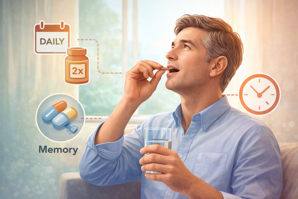 Educational lifestyle illustration showing an adult integrating cognitive support supplements into a balanced daily routine focused on brain health and mental performance.