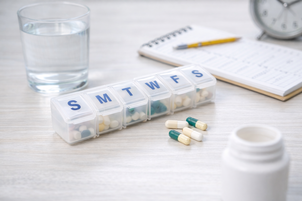 Organized supplement capsules and weekly pill organizer representing consistent dosage guidelines for cognitive support supplements