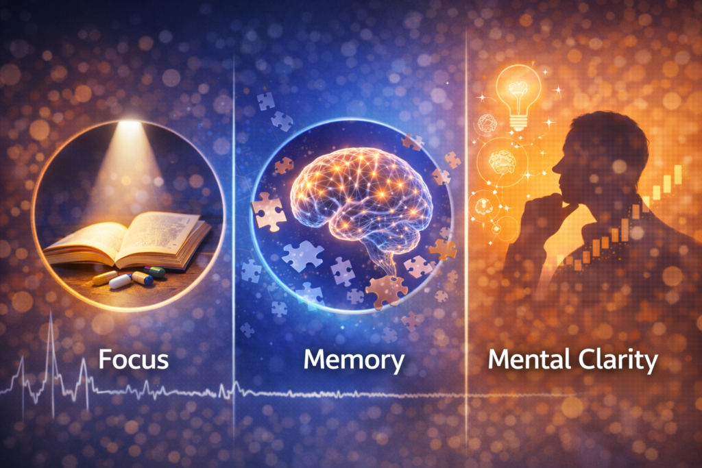 This infographic visually represents the three key aspects of cognitive support: focus, memory, and mental clarity.