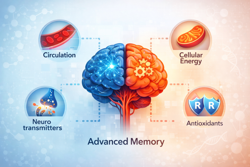 Educational illustration showing how cognitive support supplements assist brain function through circulation, neurotransmitter signaling, cellular energy, and antioxidant support pathways.