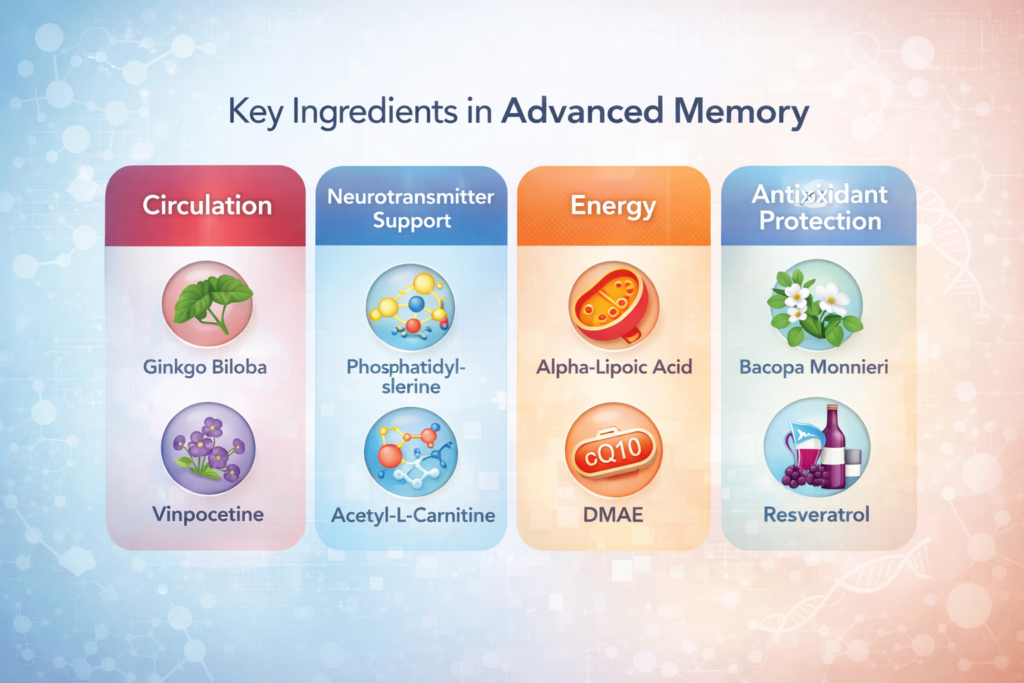 Educational diagram showing ingredient categories used in cognitive support supplements, including nutrients supporting brain circulation, neurotransmitter activity, cellular energy, and antioxidant protection.