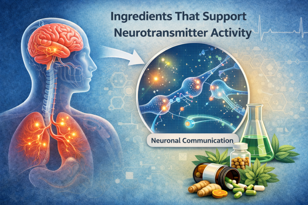 Scientific illustration representing neurotransmitter signaling pathways and neuronal communication involved in cognitive function.