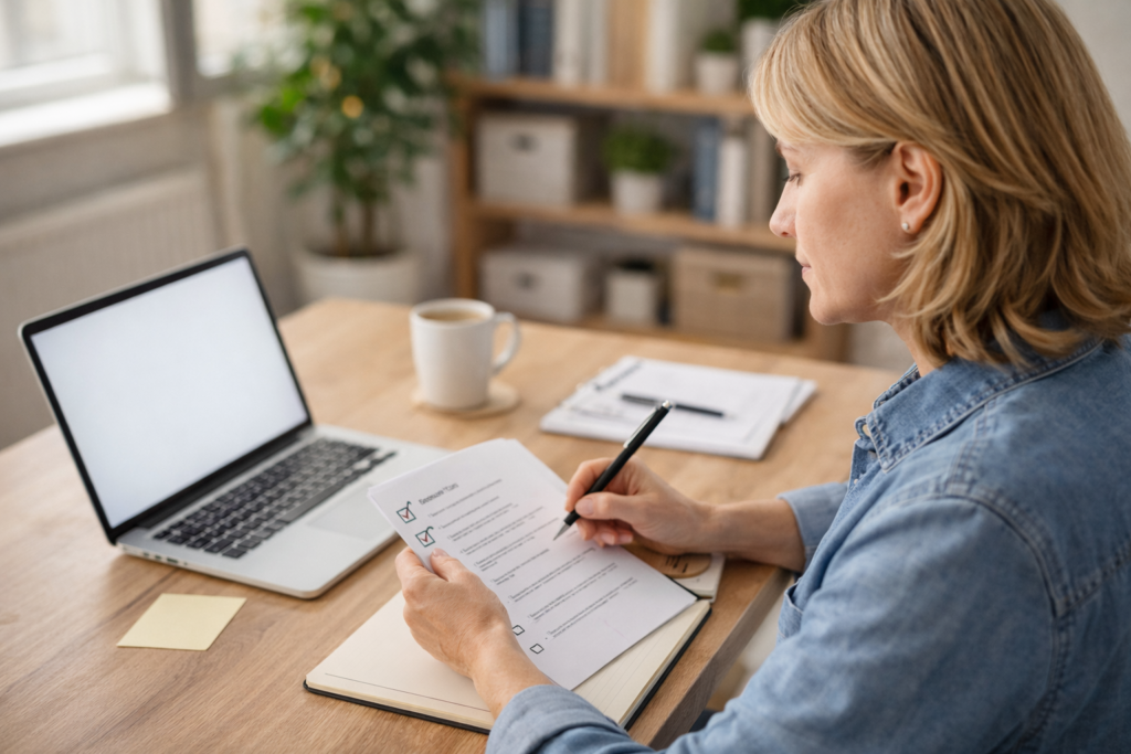 Person reviewing notes and evaluating personal goals while deciding whether a cognitive support supplement is appropriate