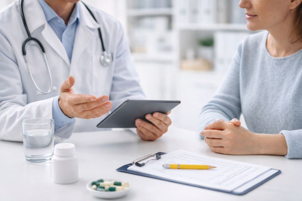 Healthcare professional discussing responsible supplement use and safety considerations with patient