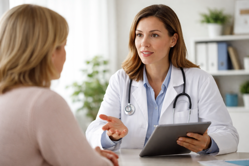 Healthcare professional discussing supplement safety considerations with patient in clinical setting