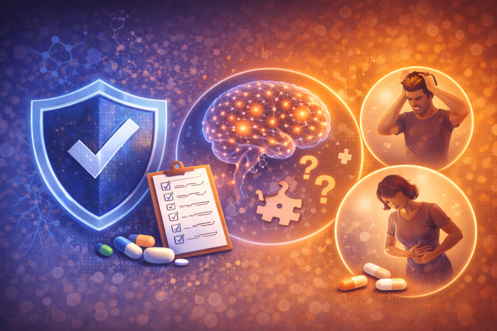 An infographic illustrating the role of safety, tolerance, and the potential mild side effects of using Advanced Memory.