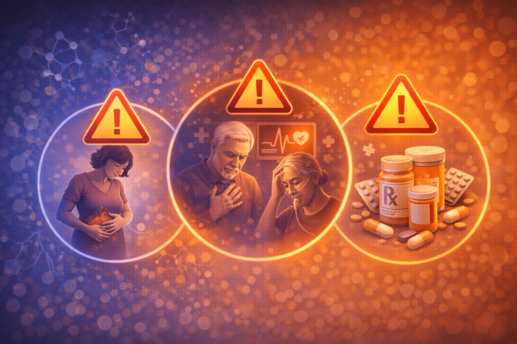 Illustration showing cautionary scenarios for people who should take extra care when using cognitive supplements like Advanced Memory, including pregnant women, elderly individuals, and those with medical conditions.