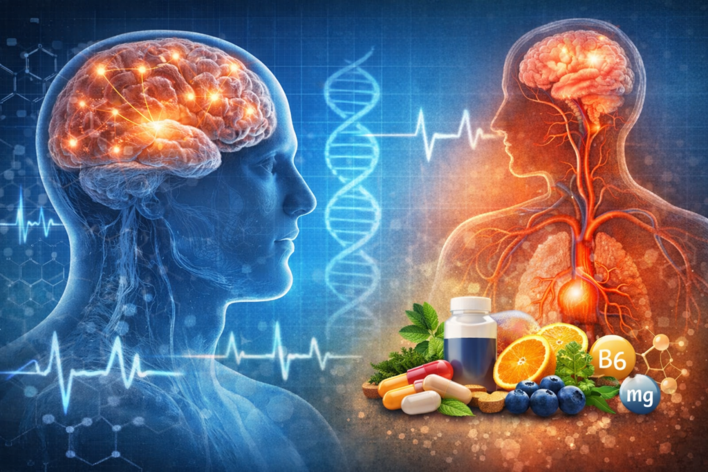 Illustration showing brain energy metabolism, neural communication, and circulation involved in cognitive function