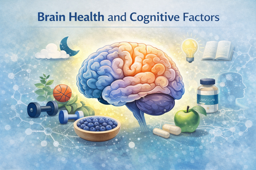 Illustration showing brain function and factors that influence cognitive health, including focus, mental clarity, and daily lifestyle elements