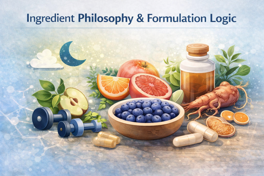 Illustration representing ingredient philosophy and balanced formulation approach for cognitive support supplements