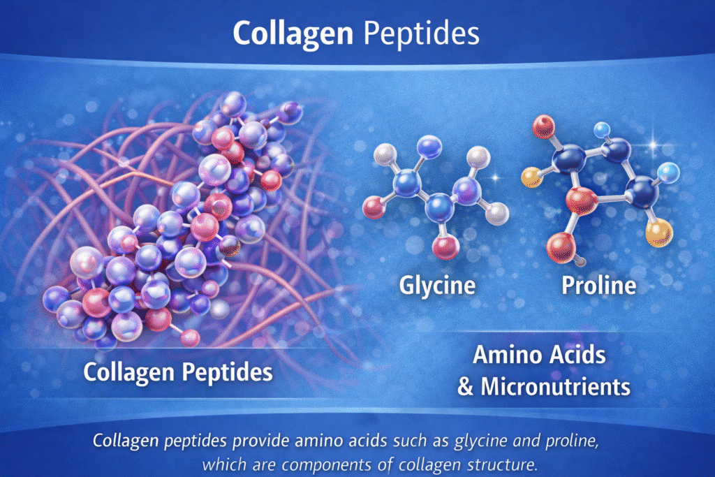 Diagram illustrating collagen peptides and amino acids such as glycine and proline
