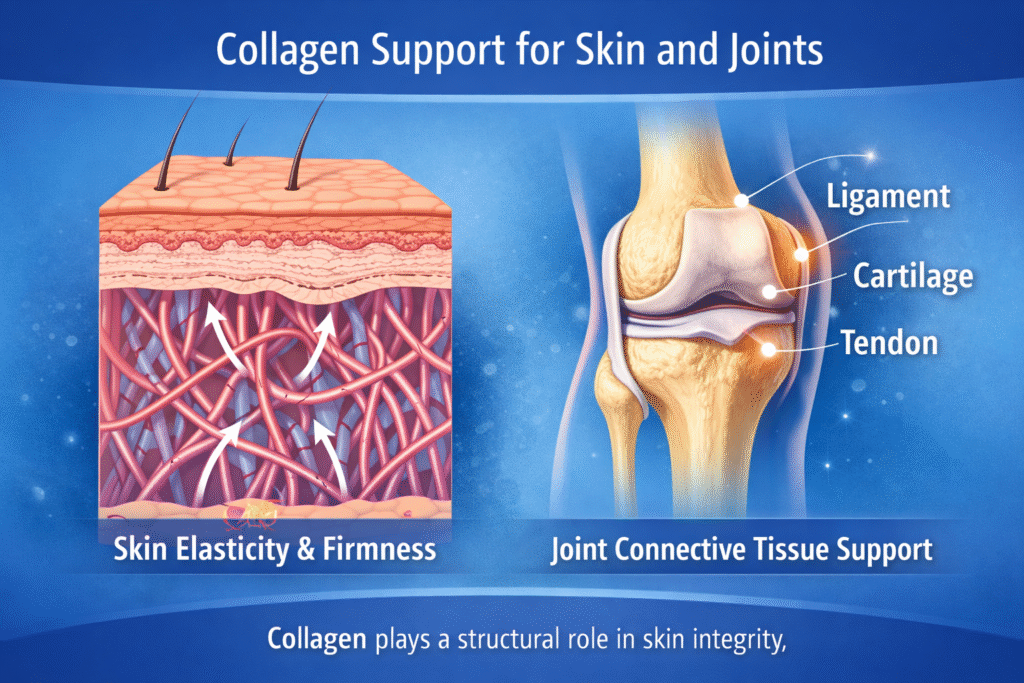 Diagram illustrating collagen’s role in skin elasticity and joint connective tissue