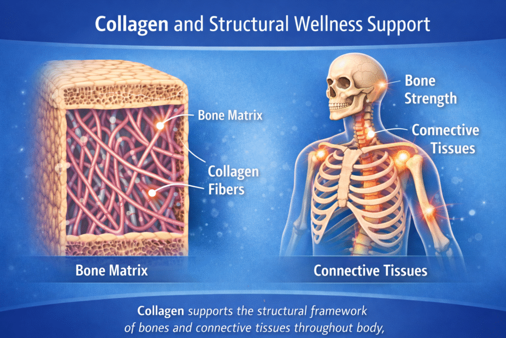 Illustration showing collagen’s role in bones and connective tissues throughout the body