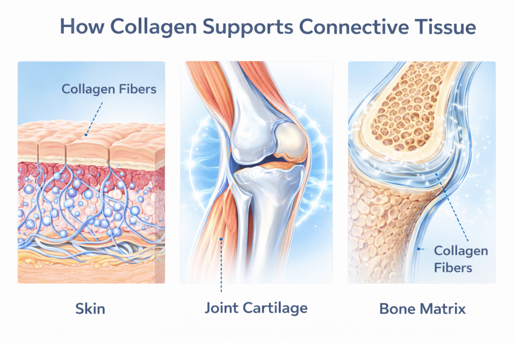 Diagram illustrating collagen structure in connective tissues