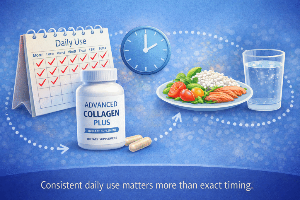 Illustration emphasizing consistent daily use of a collagen supplement rather than specific timing