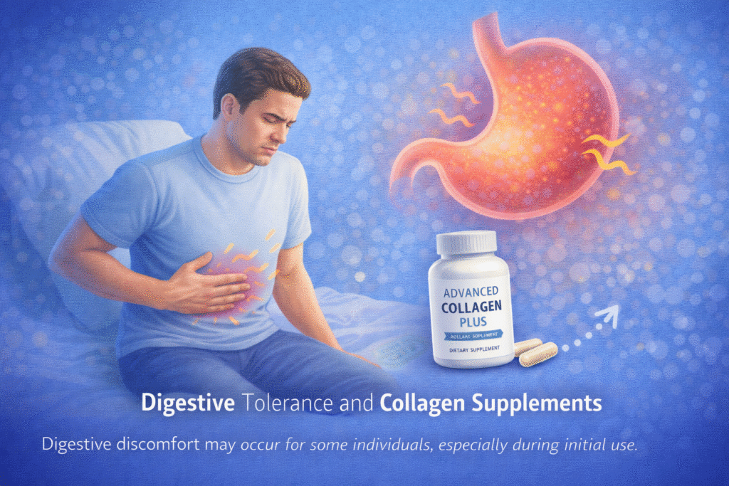 Illustration showing mild digestive discomfort sometimes associated with collagen supplements