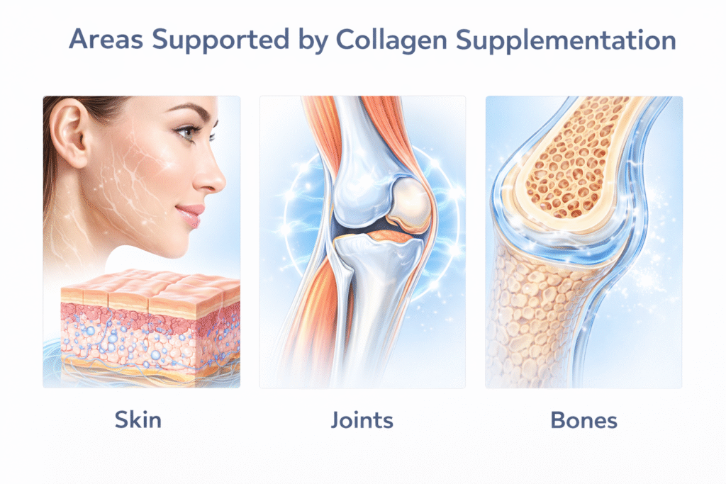 Illustration showing collagen support for skin, joints, and bones