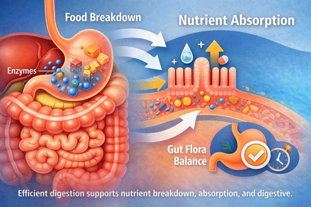 Illustration showing digestive processes and nutrient absorption in the gut